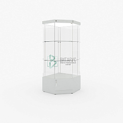 Витрина экспозиционная вертикальная угловая полного обзора со световым блоком на тумбе